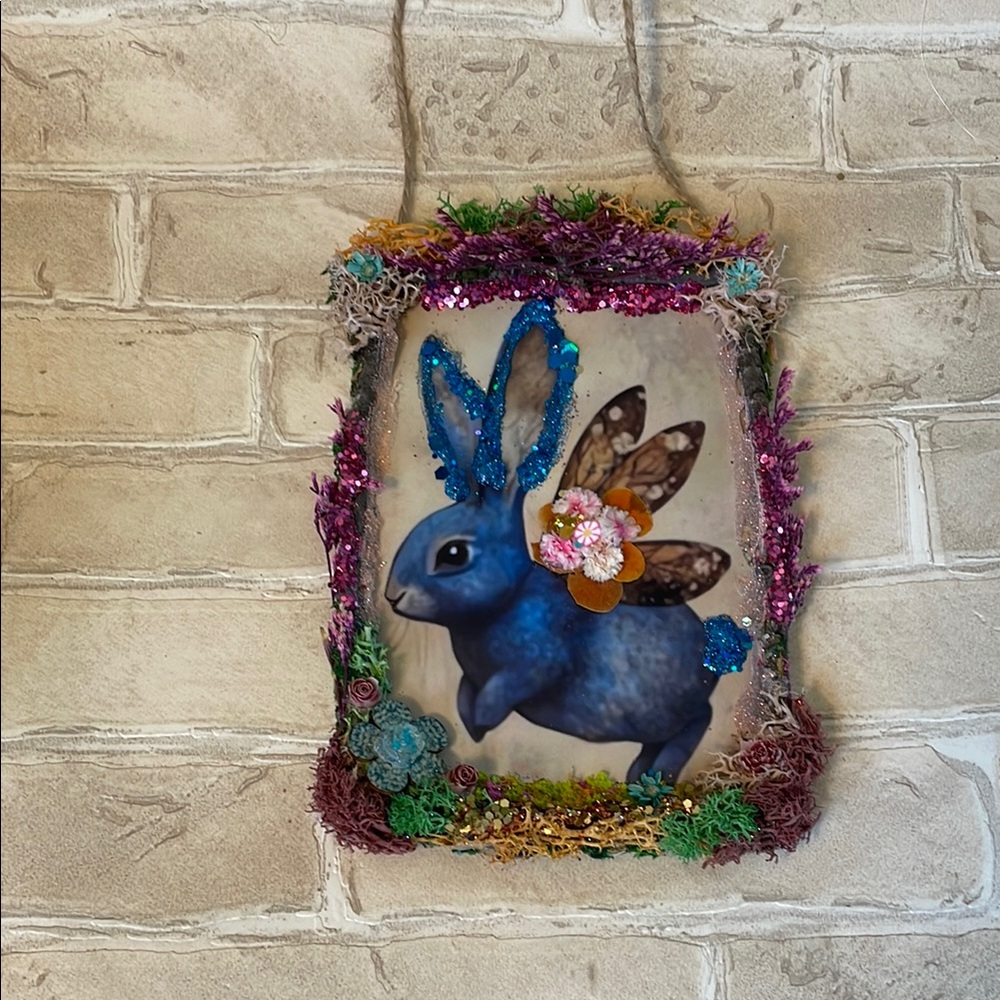 Colorful Fantasy Rabbit Wall Hanging moss nature handcrafted dried flowers